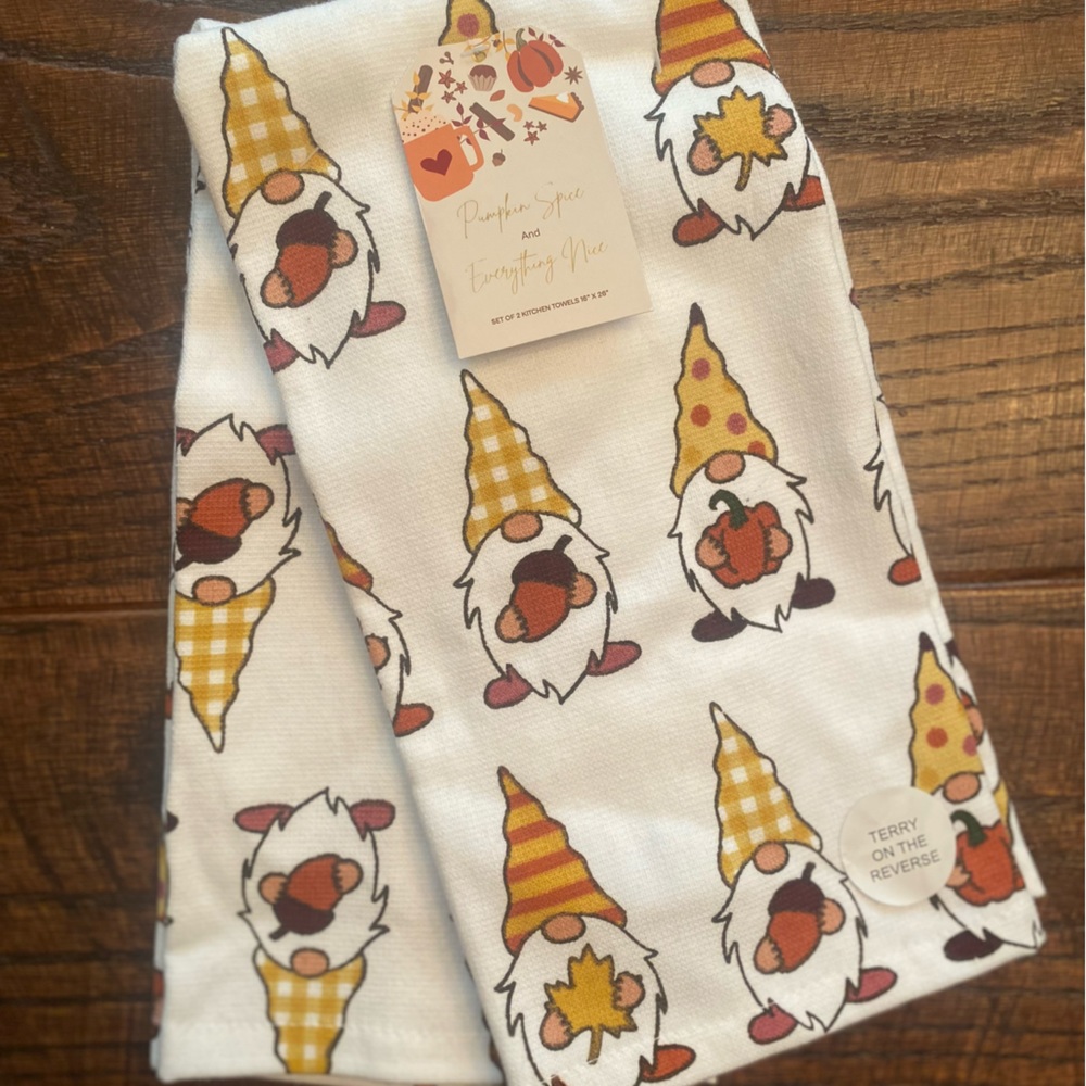 Fall Gnome Kitchen Towels Set Of 2, Gnomes Holding Fall Leaves Acorns & Pumpkins